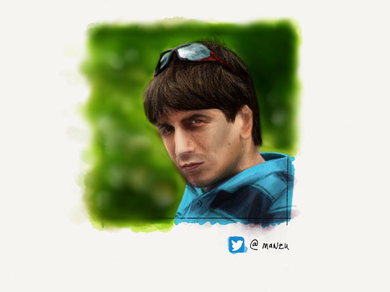 Digital watercolor and pencil portrait of a man with red sunglasses resting on his head, wearing a striped polo shirt, outside with a bokeh of green trees behind him.