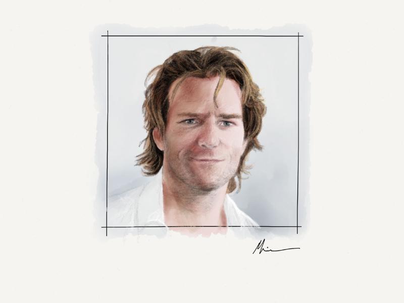 Digital watercolor and pencil portrait of a man with long wavy hair smiling.