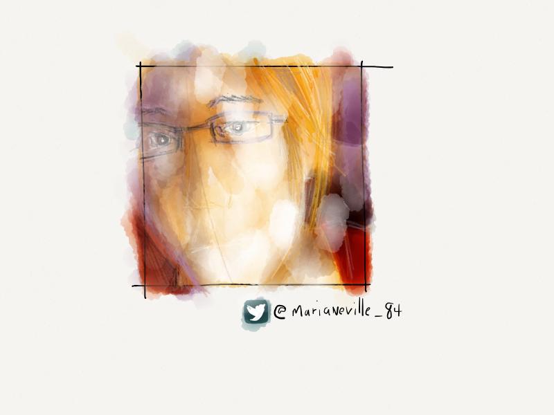 Digital watercolor and pencil portrait of a faceless woman wearing glasses, covered in blurs of white light.