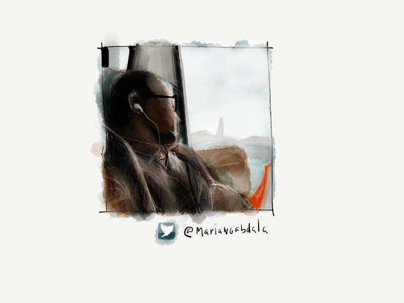 Digital watercolor and pencil portrait of a man wearing white Apple ear buds, relaxing on a plane as he looks out the window.