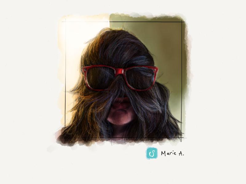 Digital watercolor and pencil portrait of a woman with long hair pushed forward, covering her entire face, and held into place with large red glasses.