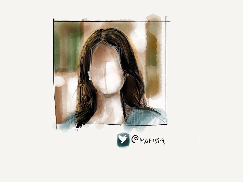 Digital watercolor and pencil portrait of a faceless woman with long dark hair standing outside.