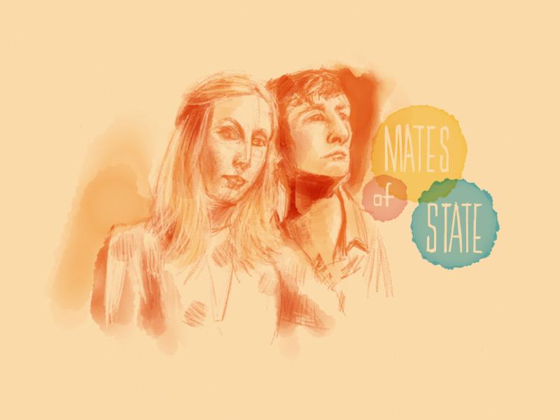 Digital watercolor and pencil portrait of woman and man from the band Mates of State. Painted in orange with the words Mates of State written in three circles.