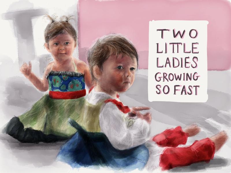 Digital watercolor and pencil portrait of two toddler girls, identical twins, wearing floral dresses on a gray carpet in a pink room. The words TWO LITTLE LADIES GROWING SO FAST are hand-lettered to their right.