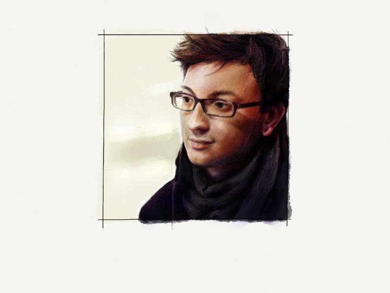 Digital watercolor and pencil portrait of a clean shaven man wearing rectangular glasses, and a gray scarf wrapped around his neck.