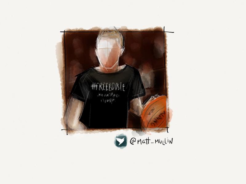 Digital watercolor and pencil portrait of a faceless man dribbling a basketball and wearing a black t-shirt that says #FREEBOOSIE.