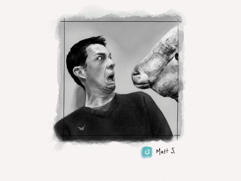Black and white digital watercolor and pencil portrait of a man in a v-neck sweater looking in horror as the head of a sheep enters the frame from the right.