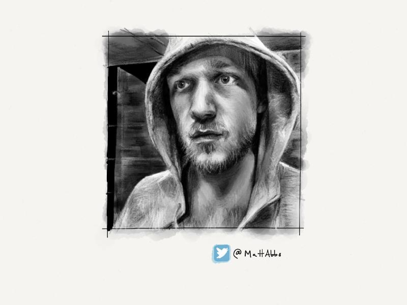 Black and white digital watercolor and pencil portrait of a blonde haired man with short beard with his hoodie up.