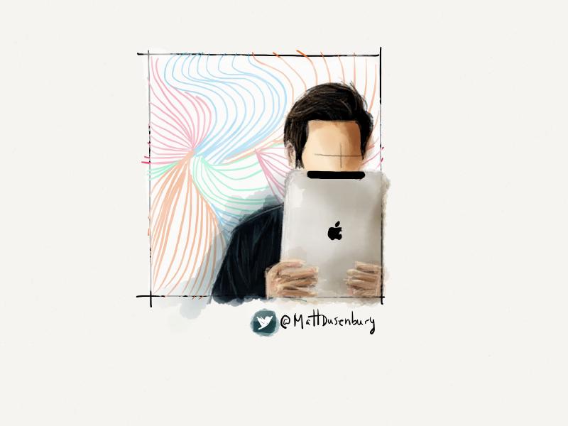 Digital watercolor and pencil portrait of a faceless man holding an iPad in front of his mouth. Behind him the white walls are adorned with spiralgram-esque designs.