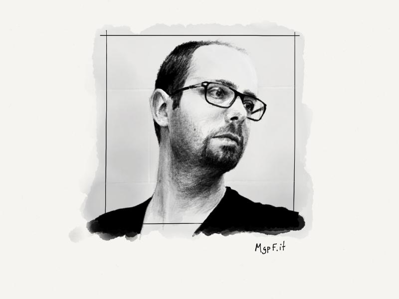Black and white digital watercolor and pencil portrait of a man with short hair, glasses, goatee, and black shirt looking to his left.