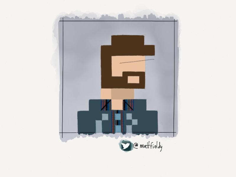 Digital watercolor and pencil portrait of a bearded man in a blue hoodie draw in an 8bit style.