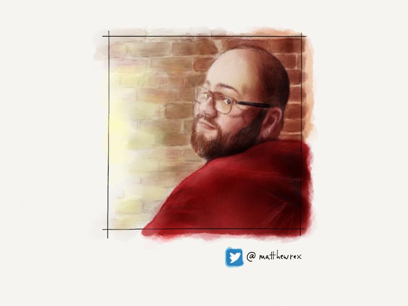 Digital watercolor and pencil portrait of a bearded man in glasses, shaved head, wearing a red sweatshirt as he looks over his shoulder with a brick wall behind him.