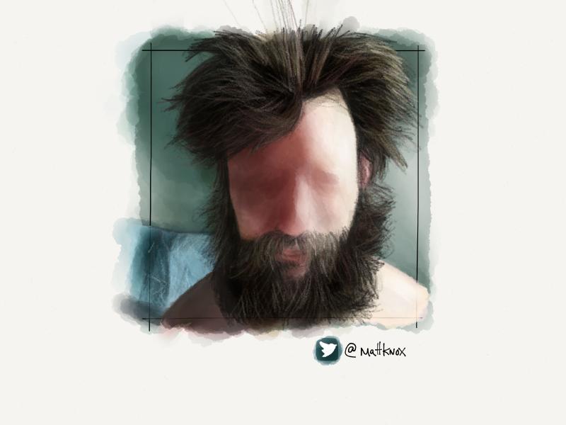 Digital watercolor and pencil portrait of a faceless bearded man with out of control hair.