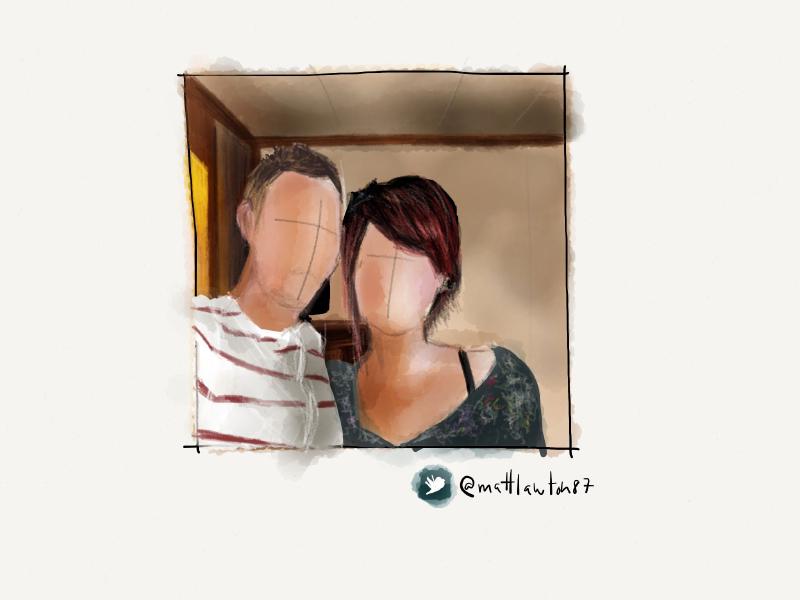 Digital watercolor and pencil portrait of a faceless couple standing ear to ear.