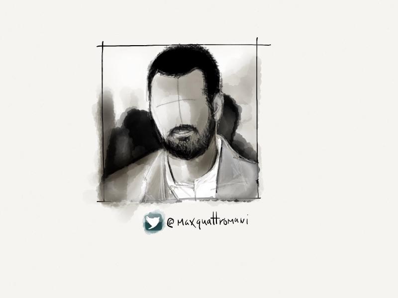 Black and white digital watercolor and pencil portrait of a faceless man with short black hair and beard wearing a light gray blazer.
