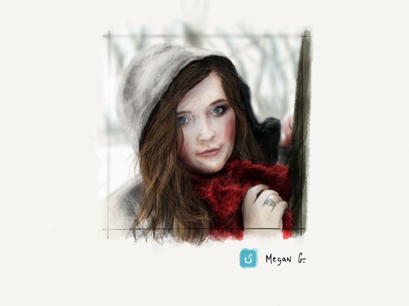Digital watercolor and pencil portrait of a woman with long wavy hair outside during winter, wearing a knit hat and red scarf and large diamond ring on her right hand.