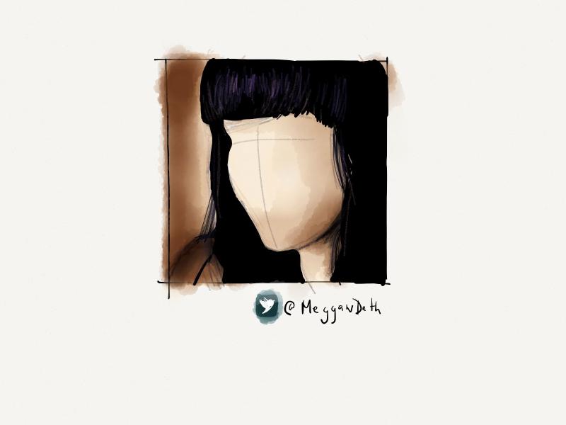 Digital watercolor and pencil portrait of a faceless woman with black hair and bangs.
