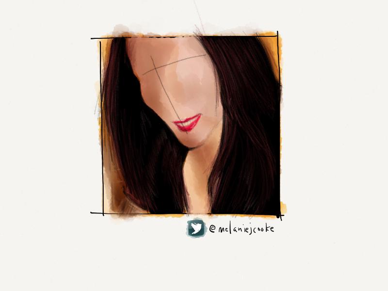 Digital watercolor and pencil portrait of a faceless woman with long brown hair and pink lipstick.