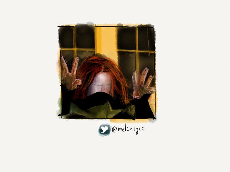 Digital watercolor and pencil portrait of a faceless redhead raising her hands while her mouth is covered by her large striped sweatshirt.