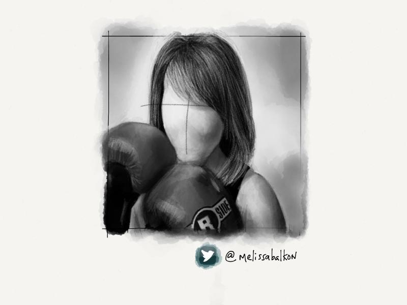 Black and white digital watercolor and pencil portrait of a woman wearing boxing gloves in a fight stance.