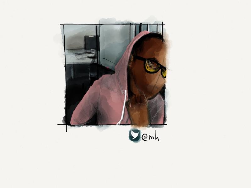 Digital watercolor and pencil portrait of a faceless man in a pink hoodie, sitting forward in an office.