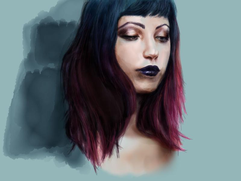Digital watercolor and pencil portrait of a woman with blue and purple hair and dark violet lipstick.