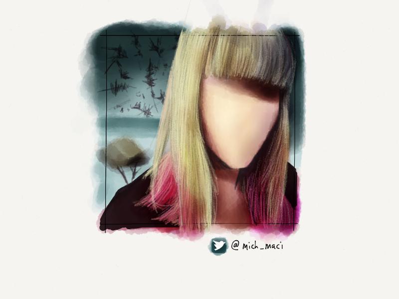 Digital watercolor and pencil portrait of a faceless blonde with bangs and pink tips.