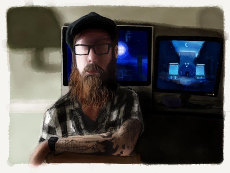 Digital watercolor and pencil portrait of a faceless bearded man in glasses and flat cap, sitting on chair in front of two computer screens.
