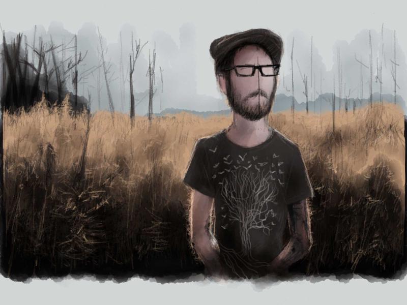 Digital watercolor and pencil portrait of a faceless bearded man with glasses standing in a field of during the fall time.