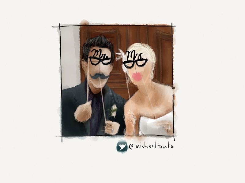 Digital watercolor and pencil portrait of a faceless groom and bride holding Mr an Mrs signs in front of their faces.