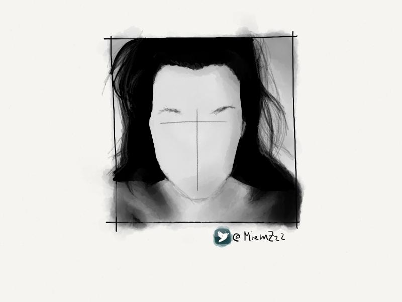 Digital watercolor and pencil portrait of a faceless figure with black hair painted in grayscale.