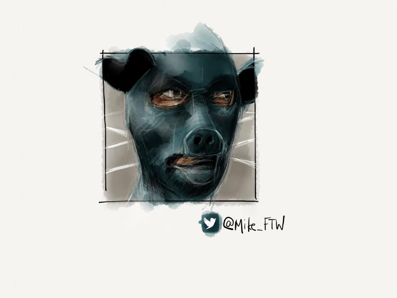 Digital watercolor and pencil portrait of a man wearing some sort of blue pig or cow mask.