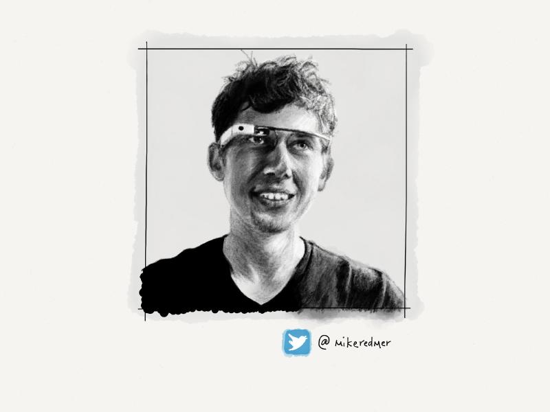 Black and white digital watercolor and pencil portrait of a smiling man with wavy hair wearing Google Glass on his face.