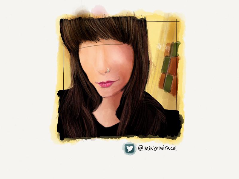 Digital watercolor and pencil portrait of a faceless woman smirking with long brown hair, bangs, nose ring, and pink lipstick in a yellow room.