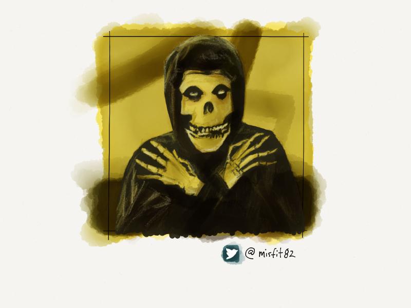 Digital watercolor and pencil portrait of a figure wearing a Misfits skull mask and gloves with skeleton hands printed on them. Painted with black and white with a yellow overlay.