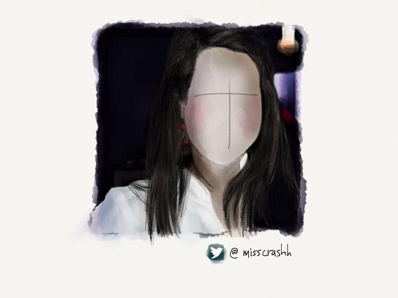 Digital watercolor and pencil portrait of a faceless woman with long brown hair, dangling red earrings, and wearing a white blouse in a dark purple room.