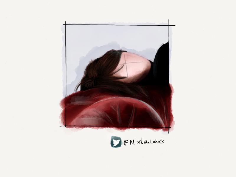 Digital watercolor and pencil portrait of a faceless woman laying down on a red leather sofa.
