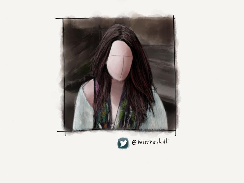 Digital watercolor and pencil portrait of a faceless woman with long brown hair, wearing a white thin sweater and scarf outside by a brick wall.