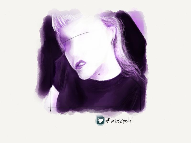 Digital watercolor and pencil portrait of a faceless woman painted in purple.