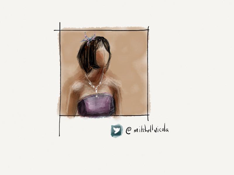 Digital watercolor and pencil portrait of a faceless woman wearing sleeveless purple dress, fancy hair accessory, and necklace bling.