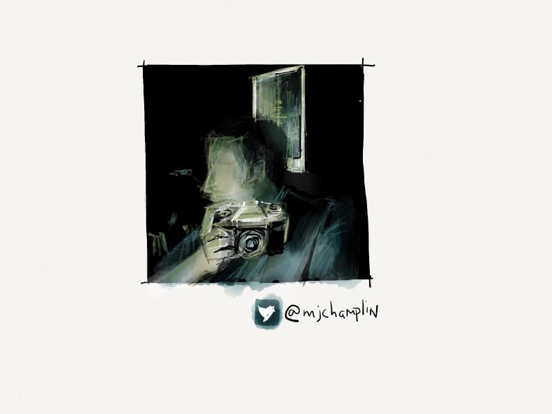 Digital watercolor and pencil portrait of a faceless man taking a self portrait in a dark room with an old film camera.