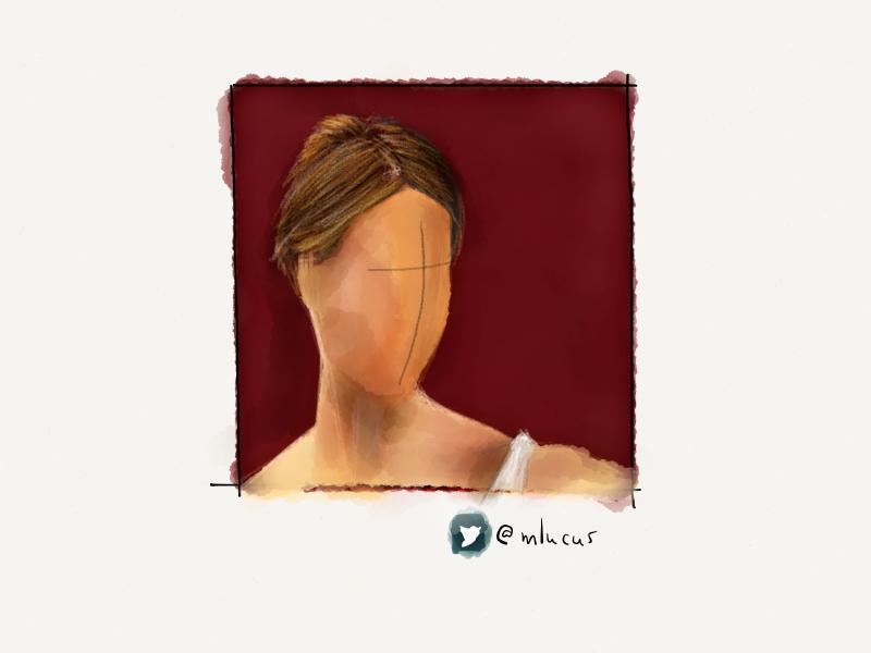 Digital watercolor and pencil portrait of a faceless blonde woman standing against a dark red wall.