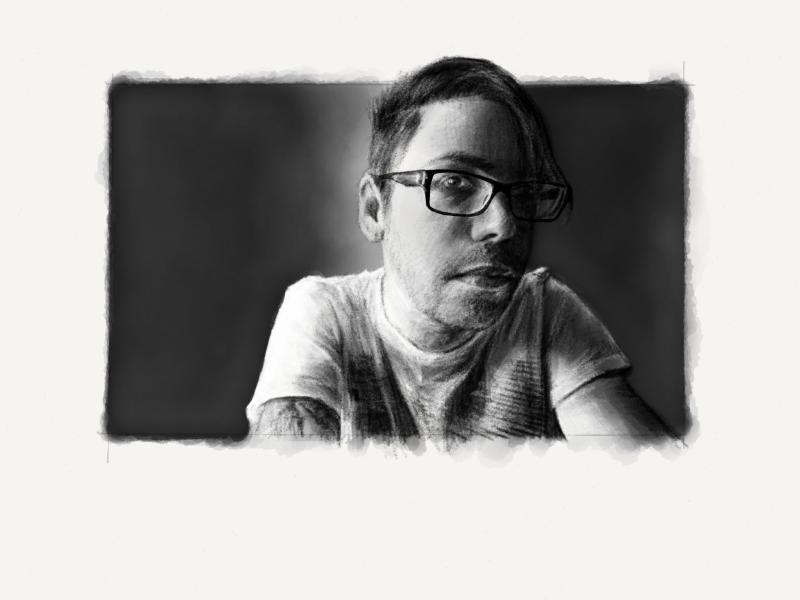 Black and white digital watercolor and pencil self portrait of man with side swept hair, glasses, and a short scruffy beard, leaning forward to the viewer.