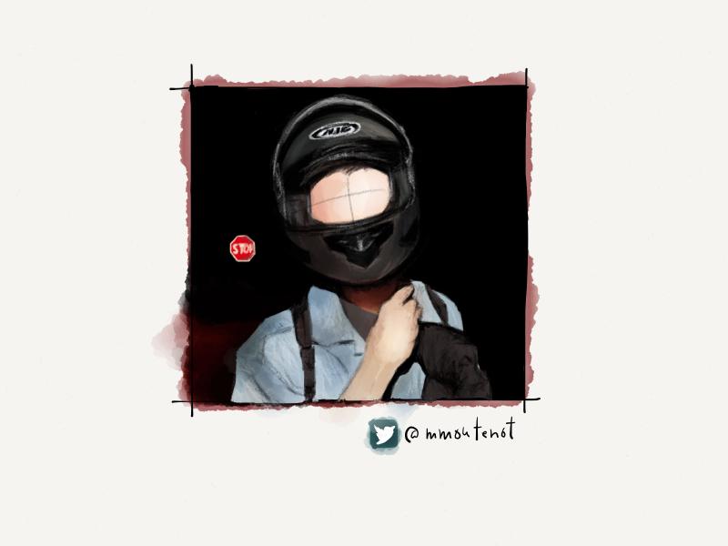 Digital watercolor and pencil portrait of a faceless man wearing a motorcycle helmet at night. A red stop sign can be seen behind him, to the left.