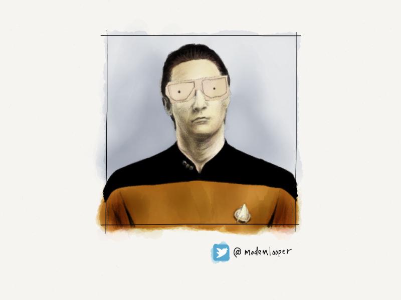 Digital watercolor and pencil portrait of Commander Data from Star Trek The Next Generation. His android eyes have been replaced with large hand drawn cartoonish ones.