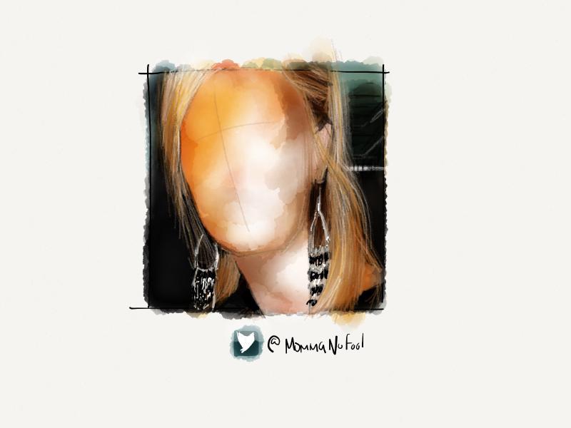 Digital watercolor and pencil portrait of a faceless blonde woman wearing large dangling ears made of black and white beads.