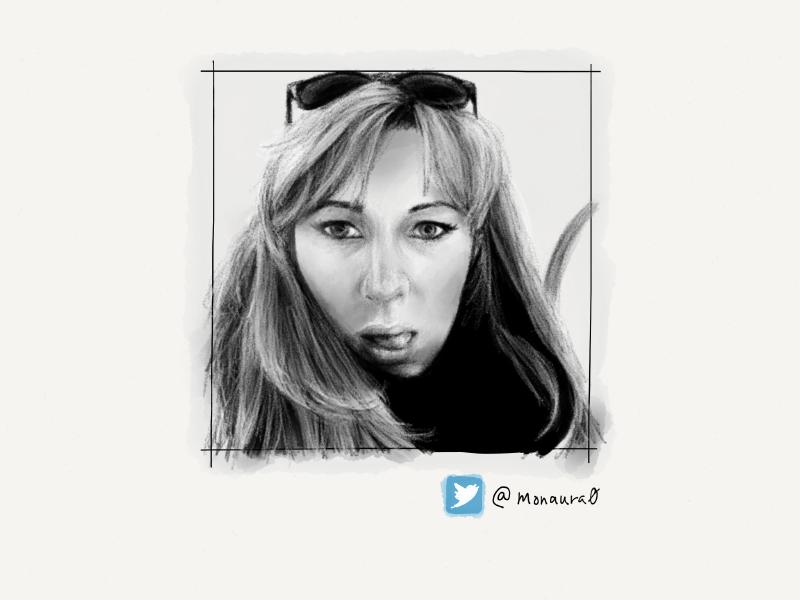 Black and white digital watercolor and pencil portrait of a woman wiht long blond hair, licking the top of her lip in a suggestive manner.