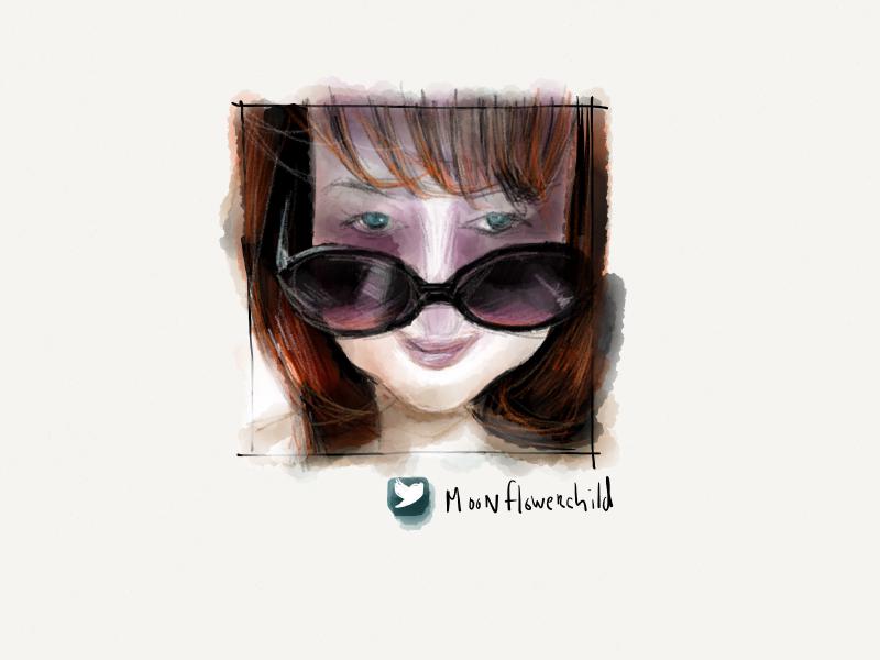 Digital watercolor and pencil portrait of a woman with red hair, wearing sunglasses off her nose. The purple color of the lenses reflects back onto her face.