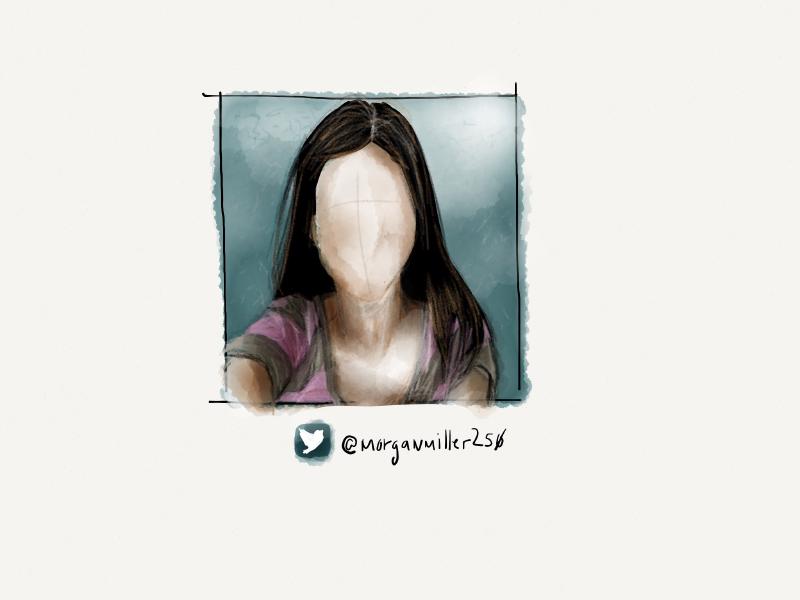 Digital watercolor and pencil portrait of a faceless woman straight hair, wearing a pink and gray striped shirt with a deep neck.