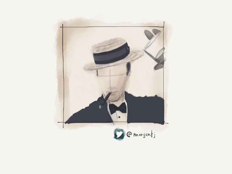 Low contrast digital watercolor and pencil portrait of a faceless man smoking a thin cigar as he wears a straw hat and bowtie.